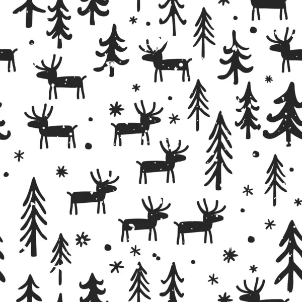 Векторный рождественский узор с мультяшными оленями, деревьями и снежинками. Белая и черная палитра. Зимний фон Скандинавии . — стоковый вектор