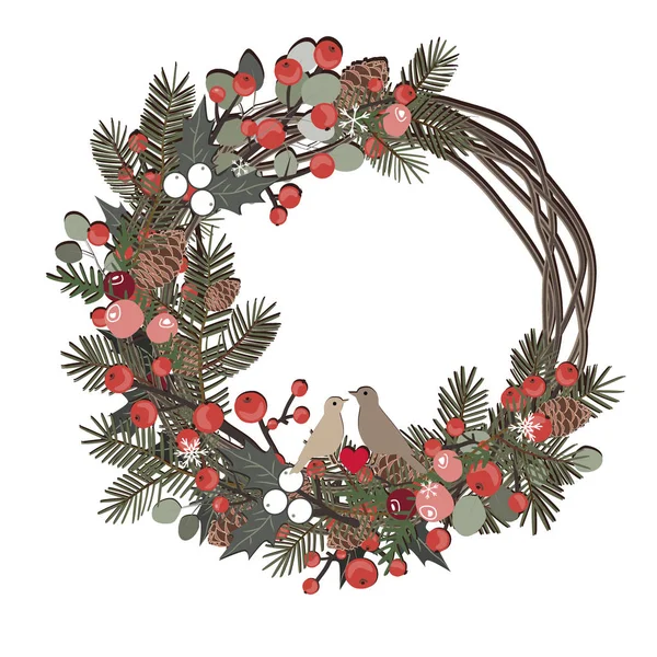 Schöne Weihnachten dekorativen Kranz von Weinreben und Tannenzweigen, Beeren, Ilex, Zedernzapfen und niedlichen Vögeln isoliert auf weißem Hintergrund. Vektor — Stockvektor