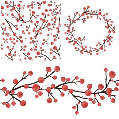 Böğürtlen Noel Vektörü seti. Beyaz üzerinde kutsal dalları olan kusursuz desenler, sınırlar ve çelenkler. Festival tasarımı, duyurular, kartpostallar, davetiyeler, posterler için vektör illüstrasyonu