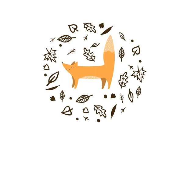 Cartão floral vetorial com folhas grinalda e pequena raposa bonito. Fundo de outono — Vetor de Stock