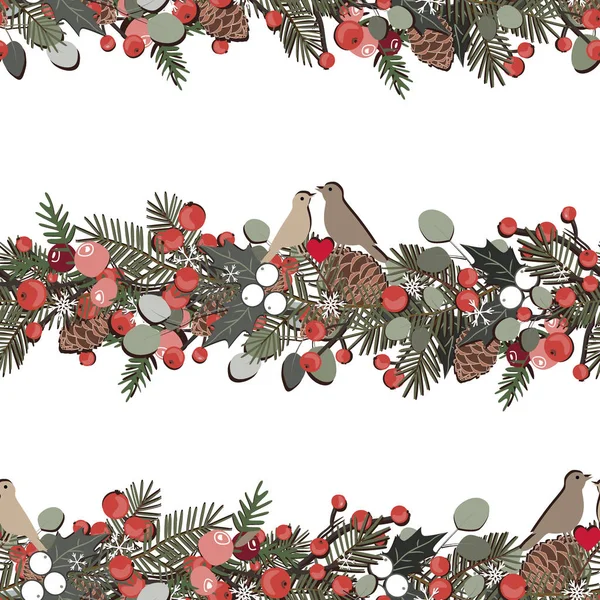 Weihnachten nahtlose Muster mit Tannenzweigen, Beeren, Ilex, Eukalyptus, Vögel und Tannenzapfen Girlanden. Hintergrund der Feiertage — Stockvektor