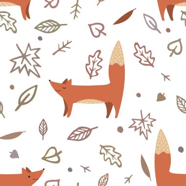 Şirin tilkiler ve sonbahar yapraklarıyla kusursuz bir desen. Vektörde parlak renklerde muhteşem orman arkaplanı