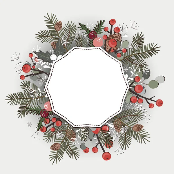 Beautiful Christmas decorative wreath greeting card. Pine branches, berries, ilex, cedar cones isolated on white background. Vector illustration — Stock Vector