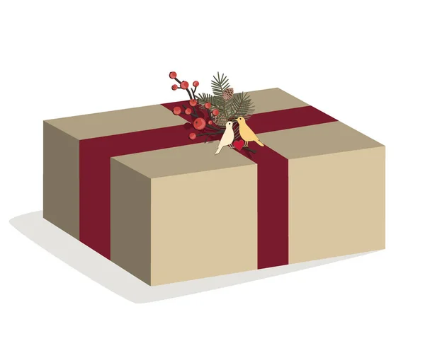 Векторная иллюстрация Рождественской коробки на белом фоне. Подарок завернут в ремесленную бумагу, украшенную лентой, еловыми и ягодными ветвями и птицами . — стоковый вектор