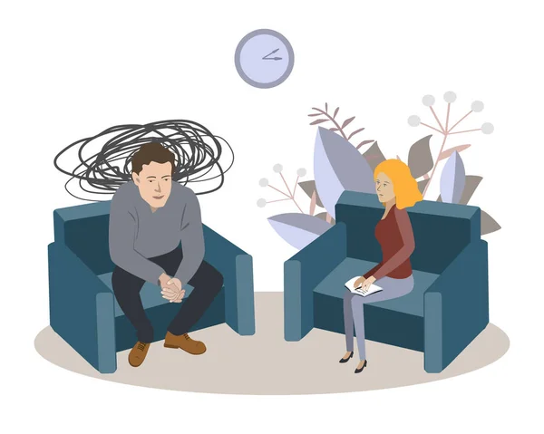 Vector cartoon illustration of Psychotherapy. Man in depression and woman psychologist. Society psychiatry concept, society psychiatry concept — Stock Vector