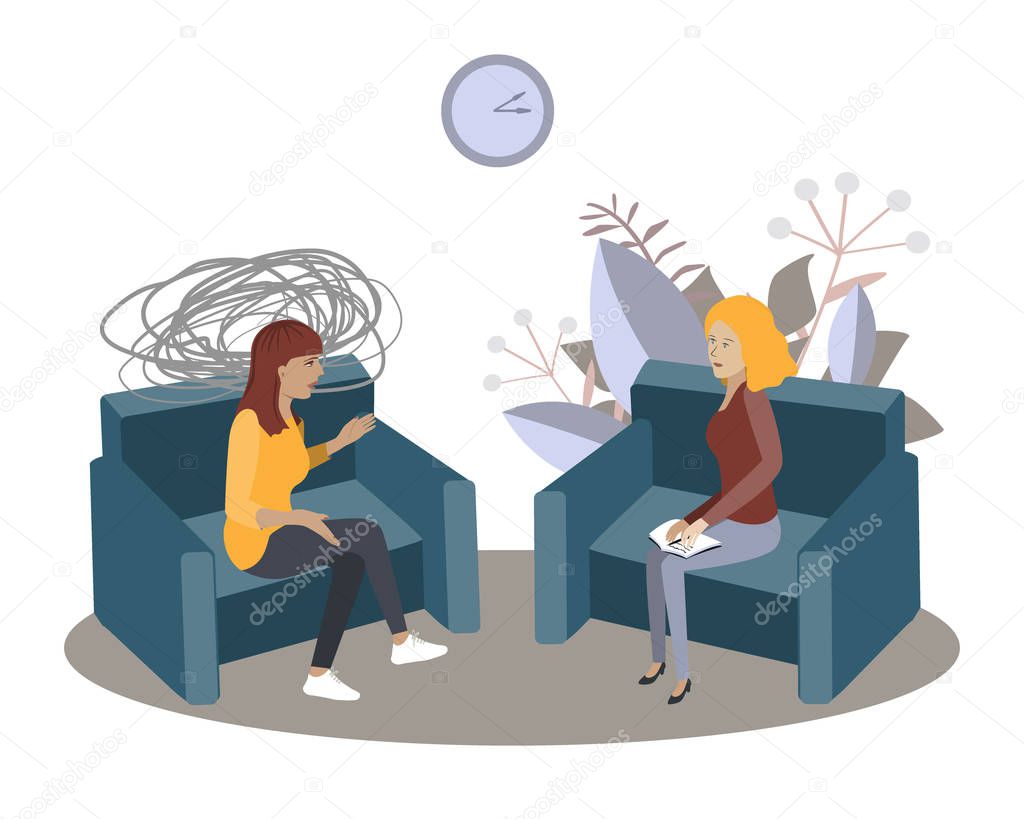 Psychotherapy session vector illustration. Woman psychologist and woman patient, society psychiatry concept