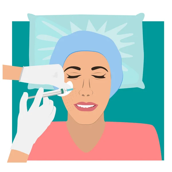 Kosmetisk injektion med hyaluronsyra. Mesoterapivektor. Beautician ger en injektion i kvinnans ansikte. — Stock vektor