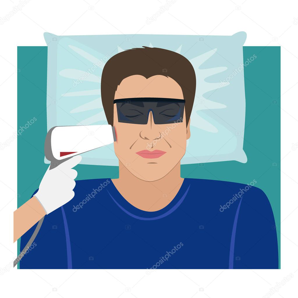The Man Receiving Laser Hair Removal Treatment At Beauty Center. Vector illustration