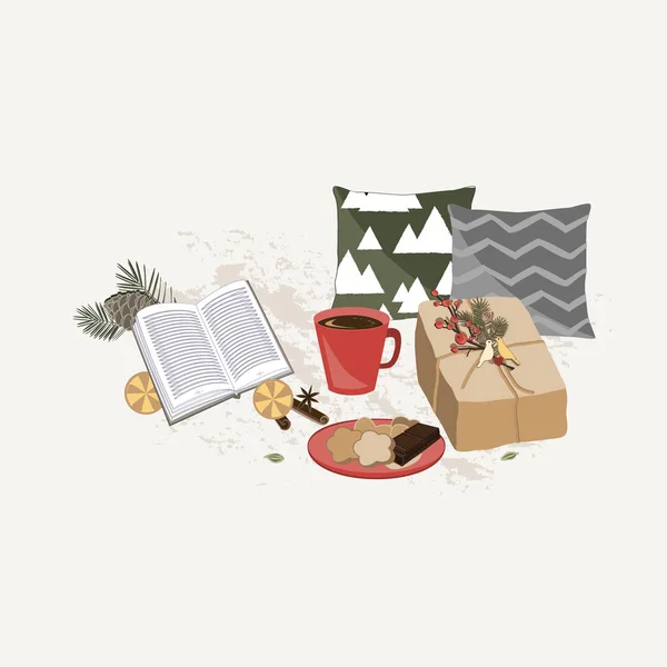 Kerstcompositie. Cadeau, kussens, sparren takken, cacao beker, en koekjes op witte achtergrond. Kerstmis, winter, nieuwjaarsconcept. Vector — Stockvector