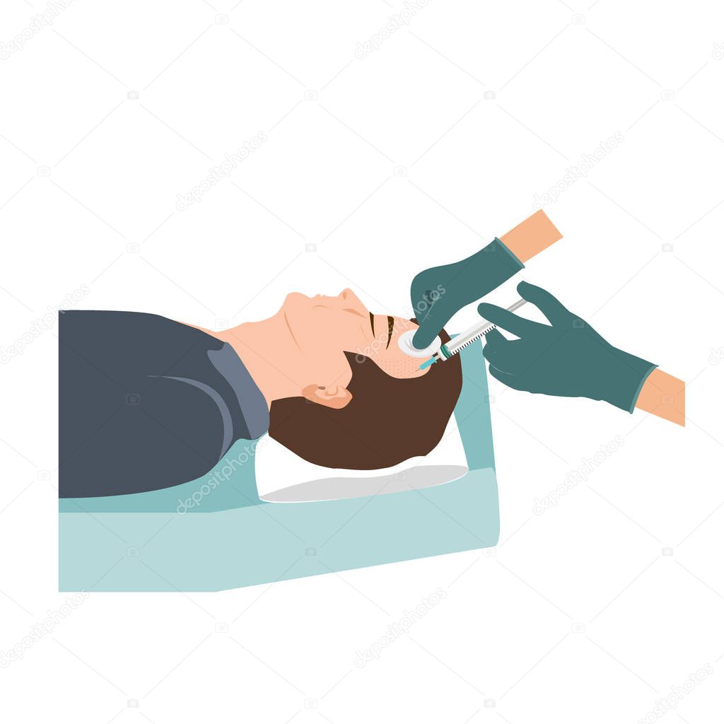 Platelet rich plasma injection procedure for balding men. PRP therapy process. Male hair loss treatment . Vector illustration.