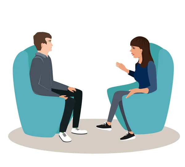 Kvinna och Man sitter i stolar och diskuterar ett ämne. Vänner eller affärsman och affärskvinna Prata, vektor illustration — Stock vektor