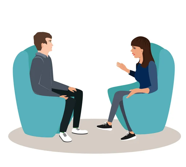 Mujer y Hombre están sentados en sillas y discutiendo algún tema. Amigos o Empresarios y Empresarias Charla, ilustración vectorial — Archivo Imágenes Vectoriales