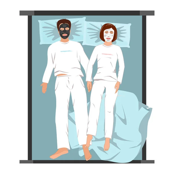 Man and woman in face masks lying back on the bed. Evening spa relaxing at home, vector illustration — Stock Illustration Man and woman in face masks lying back on the bed. Evening spa relaxing at home, vector illustration Royalty Free Stock Illustrations