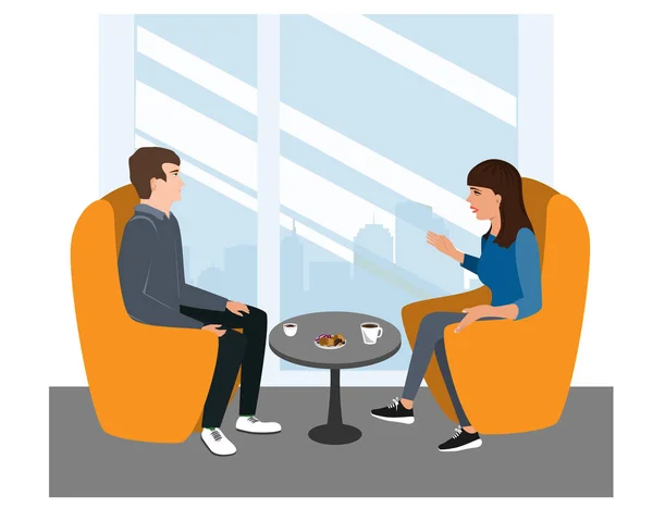 Frau und Mann sitzen in Stühlen und diskutieren über ein Thema. Freunde oder Geschäftsmann und Geschäftsfrau reden, Vektorillustration — Stockvektor