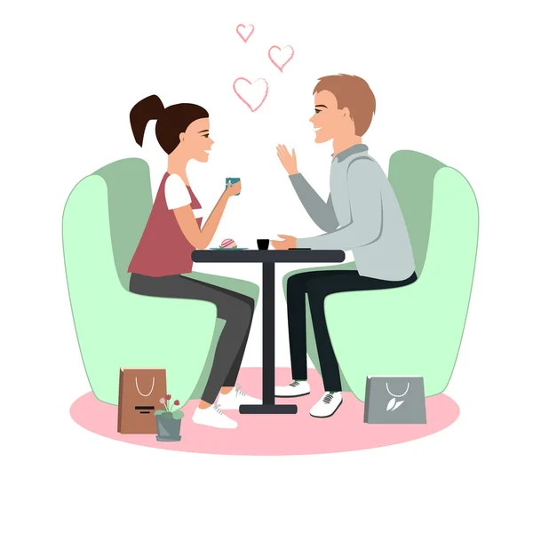 Schattig meisje en jongen in café, gelukkig Valentijnsdag afspraakje. Liefdeskaart, vectorillustratie — Stockvector