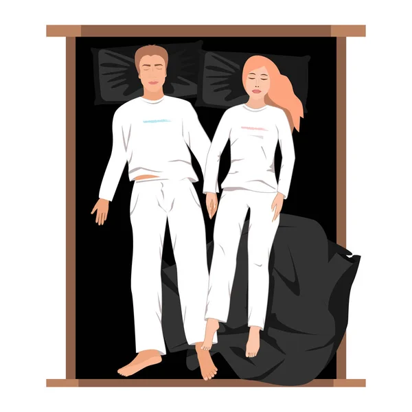 Paar slapen in bed bovenaanzicht vector illustratie. Man en vrouw slapen samen en houden hun handen vast — Stockvector