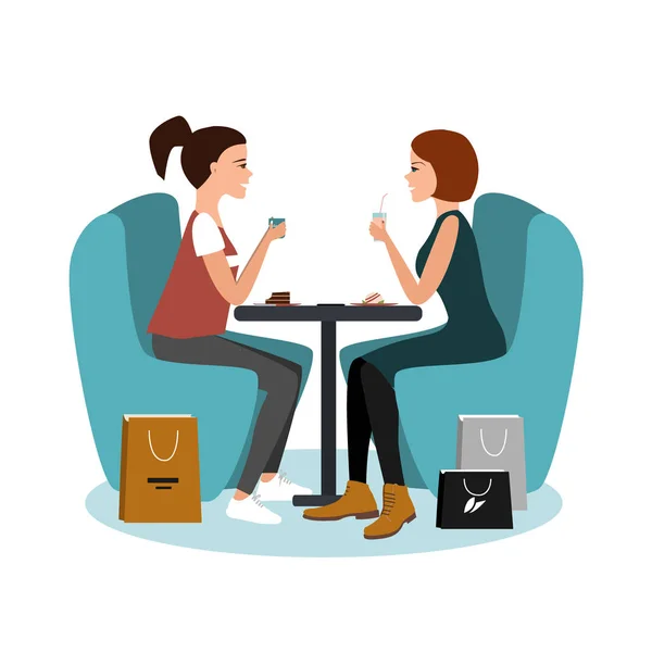 Two happy girls sitting at the cafe after shopping isolated over white background. Vector illustration — 스톡 벡터