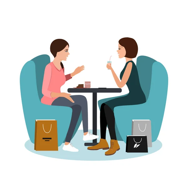 Two happy girls sitting at the cafe after shopping isolated over white background. Vector illustration — 스톡 벡터