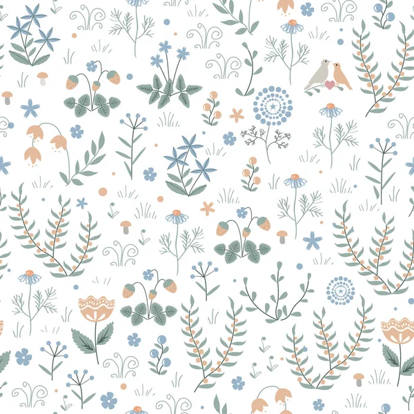 Vector floral sem costura padrão com plantas de prado, flores e pássaros, doodle fundo escandinavo — Vetor de Stock