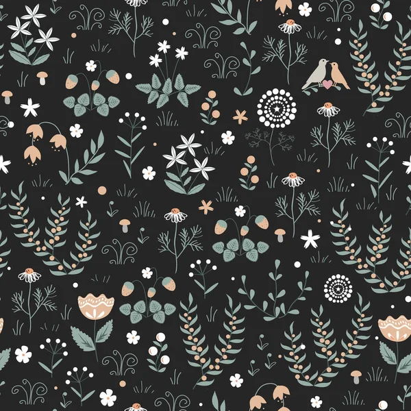 Patrón floral sin costura vectorial con plantas de prado, flores y aves, fondo escandinavo doodle — Archivo Imágenes Vectoriales