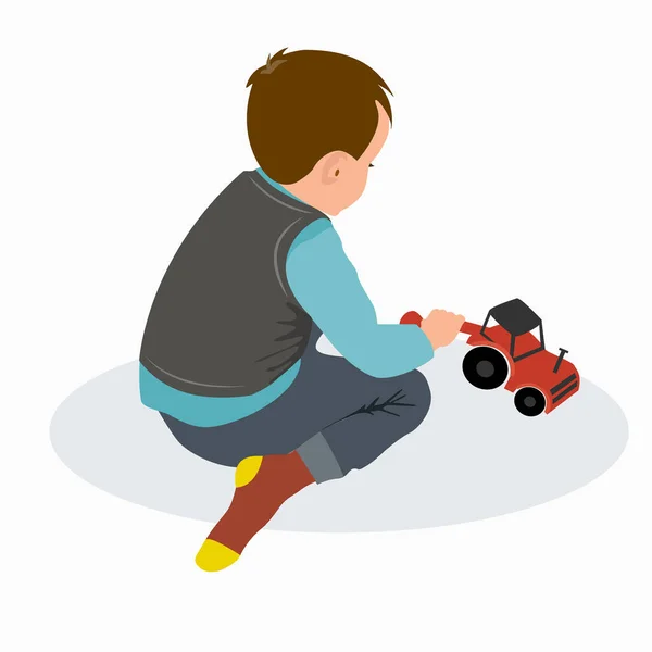 Lindo niño pequeño jugando con colorido juguete de coche aislado en blanco. Ilustración plana del vector — Archivo Imágenes Vectoriales