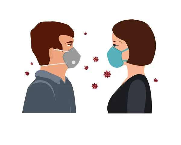 COVID-19, 2019-nCoV konsep. Wanita dan pria dengan topeng wajah medis. Hentikan coronavirus, gambar vektor - Stok Vektor