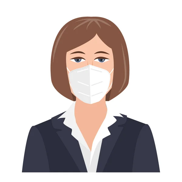 Porträtt ung affärskvinna i kostym bär ansiktsmask på vit isolerad bakgrund. Coronavirus influensavirus, Covid 19 skydd, vektor illustration — Stock vektor