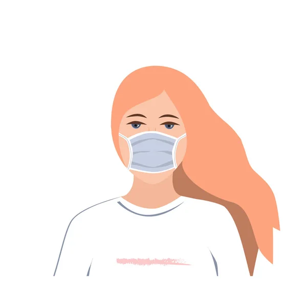 건강 한 젊은 여성, 의료용 마스크를 쓴 소녀. 인플루엔자나 코로나 바이러스가 유행하는 동안의 건강 개념. 벡터 플랫 스타일 일러스트 — 스톡 벡터