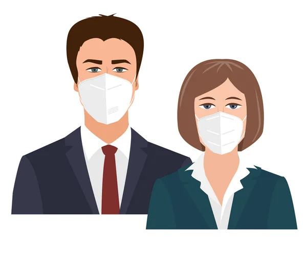 Homem e mulher de negócios com máscaras médicas. Conceito de saúde durante uma epidemia de gripe ou coronavírus. Ilustração em estilo plano vetorial isolada sobre fundo branco — Vetor de Stock