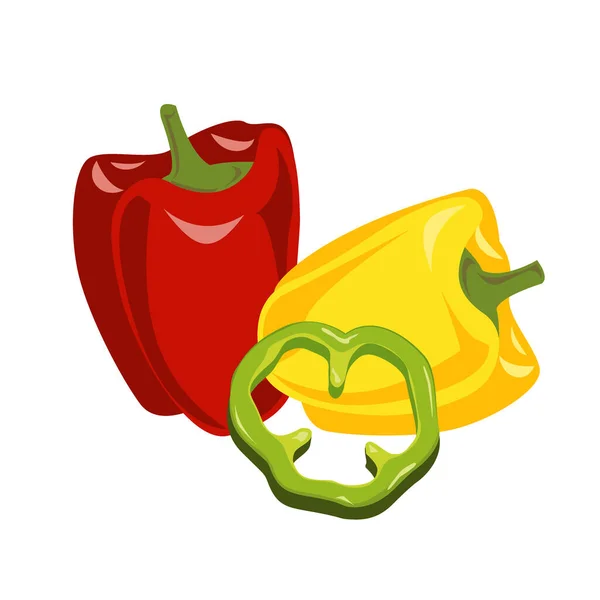 Gul, röd och gree bell pepper sammansättning, grönsaker som. Vektor illustration tecknad platt ikon isolerad på vit — Stock vektor