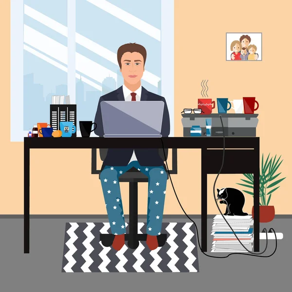 Middle aged businessman in a suit jacket and pajama bottoms working from home using laptop computer. Covid or coronavirus quarantine concept. Vector flat style illustration isolated on white — Stock Vector