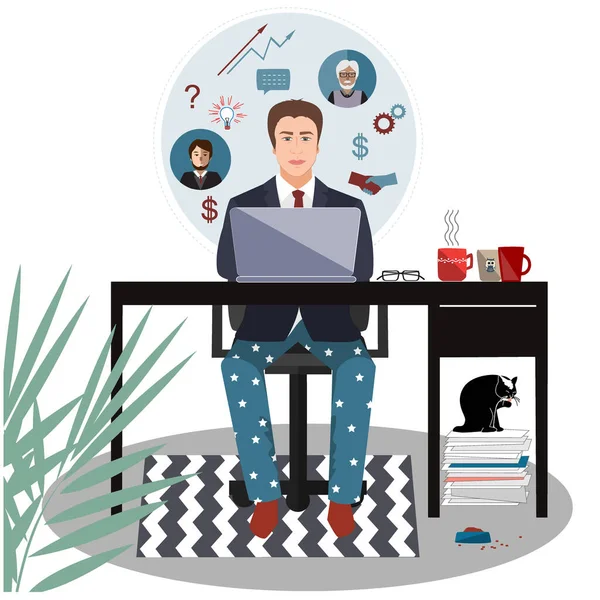 Businessman in a suit jacket and pajama bottoms working from home using laptop computer. Covid or coronavirus quarantine concept, self isolation. Vector flat style illustration isolated on white — Stock Vector