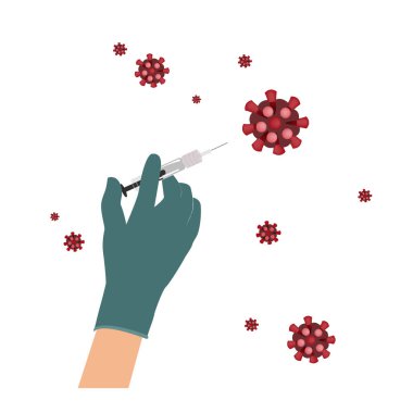 Coronavirus enfeksiyonuna karşı bir doktorun elinde aşı, vektör illüstrasyon. COVID-19. Personelden biri şırıngaya sıvı çeker ve hastaya enjekte eder.