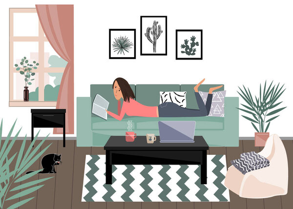 Happy young woman lying on the sofa and reading a book. I stay at home social media campaign for coronavirus prevention. Vector illustration