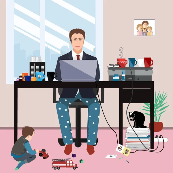 Empresario con chaqueta de traje y pantalones de pijama trabajando desde casa y su pequeño hijo jugando en el suelo. Concepto de cuarentena covid o coronavirus, autoaislamiento. Ilustración vectorial — Archivo Imágenes Vectoriales