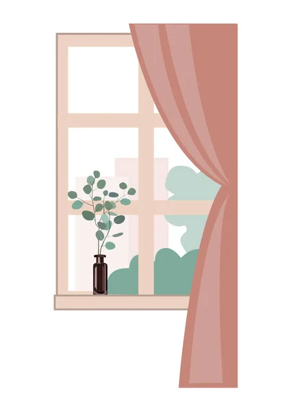 Ablak, kilátással a városi épületekre és fákra. Eukaliptusz ág az ablakpárkányon lévő üvegben. Tavaszi belsőépítészeti elem. Lapos vektor illusztráció — Stock Vector