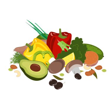 Perhiz taklit eden diyet yemekleri, FMD ürünleri vektör illüstrasyonları. Sebze, mantar, zeytin ve fındık..