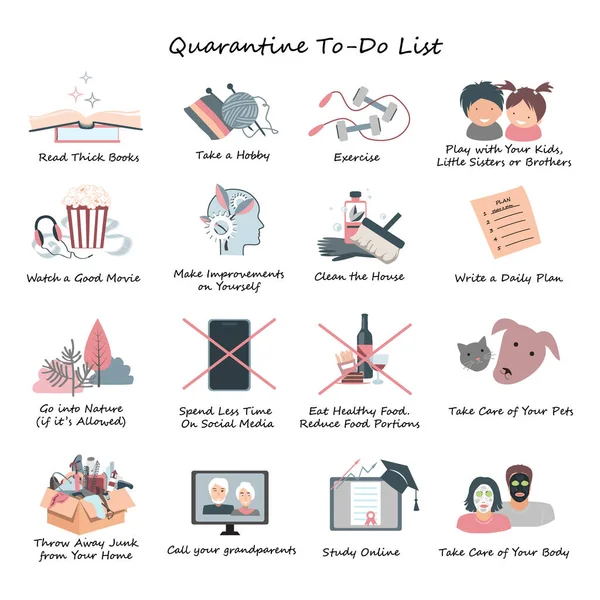 Liste des activités quotidiennes pour la quarantaine de covidés ou de coronavirus. Concept Stay at Home, routine quotidienne pendant l'isolement personnel. Infographie vectorielle isolée sur blanc . — Image vectorielle