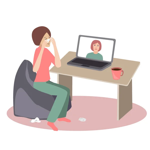 Menangis wanita duduk di mejanya di depan laptopnya memiliki panggilan online dengan terapisnya. Ilustrasi vektor - Stok Vektor