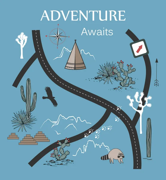 Roads, Mountains and Cacti Adventure Map. Diseño para impresión o póster con elementos tribales nativos americanos. Ilustración vectorial — Vector de stock