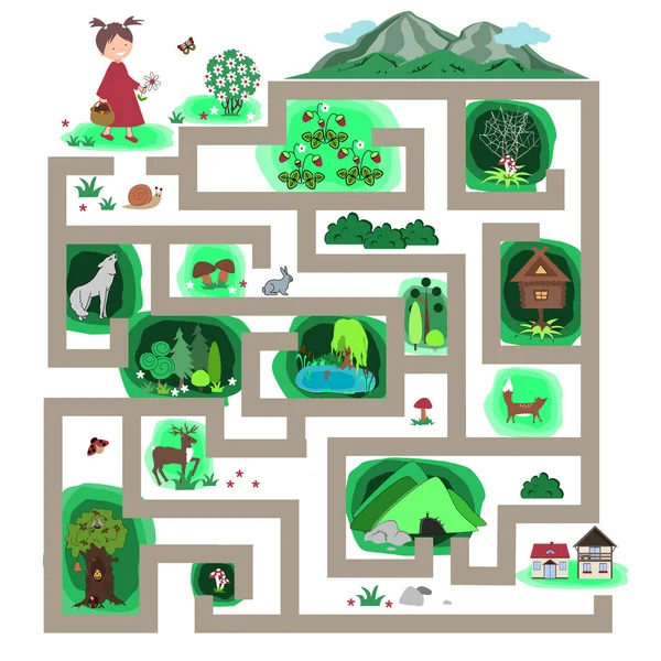 Laberinto vectorial con chica que debe encontrar el camino correcto a la casa. Tarea para niños, laberinto de caminos forestales — Vector de stock