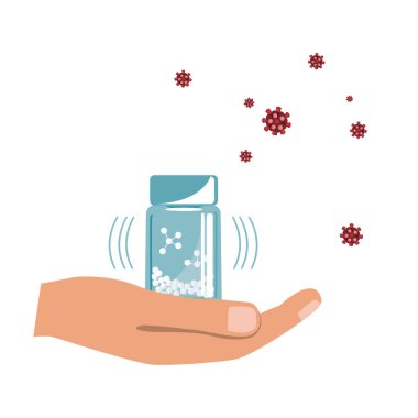 Homeopati İlaç Şişesi ile el, Beyaz Arka plan 'da izole edilmiş. Virüs Hastalığına Karşı Homeopatik Granüller