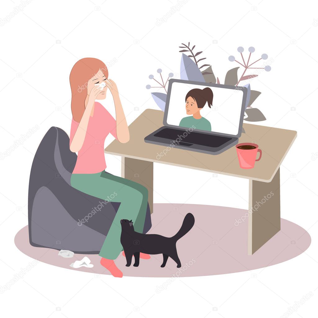Crying woman seating at her desk in front of her laptop having an online call with her therapist. Vector illustration