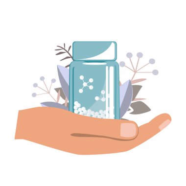 Gastrofatik granülleri olan bir şişe, homeopati logosu olan bir el. Homeopatik ve bitkisel haplar, vektör çizimi