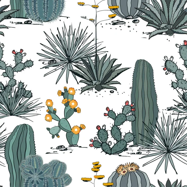 Patrón sin costuras con plantas de cactus, agave azul y pera espinosa. Perfecto para su proyecto, boda, tarjeta de felicitación, fotos, blogs, papel pintado, textil, textura y más — Vector de stock