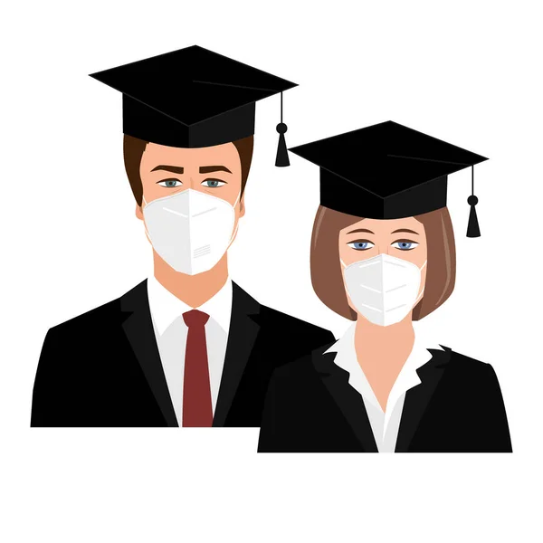 Cute university graduates in bonnets and medical masks. Quarantine 2020 graduation concept. Girl and guy graduates vector illustration — Stock Vector