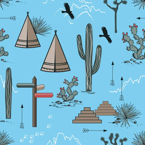 Montanhas e Cacti Paisagens Aventura Padrão sem costura. EUA fundo natureza. Design para impressão, tapeçaria ou têxtil com elementos tribais nativos americanos. Ilustração vetorial — Vetor de Stock