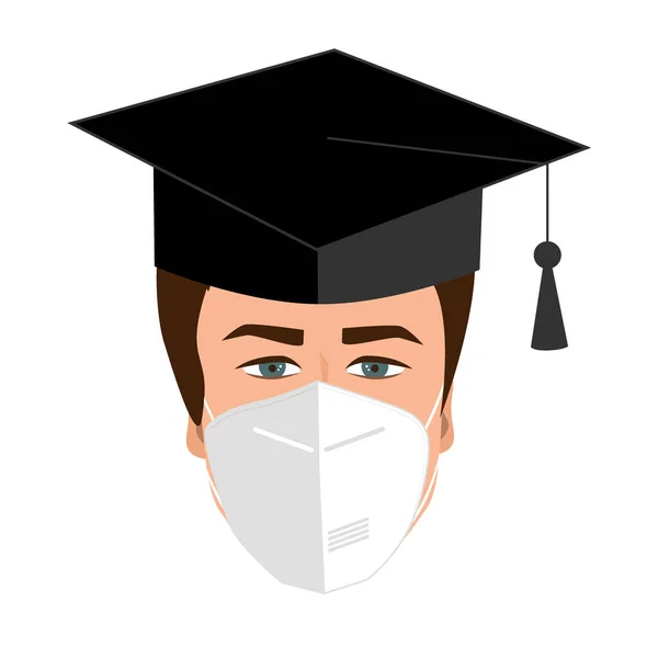 Estudante de pós-graduação universitária em boné e máscara médica. Quarentena 2020 conceito de graduação. Guy ícone de pós-graduação, ilustração vetorial — Vetor de Stock