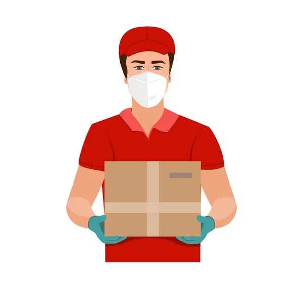 Delivery of goods during the prevention of coronovirus, Covid-19. Courier in a face mask with a box in his hands. Vector flat illustration — Stock Vector