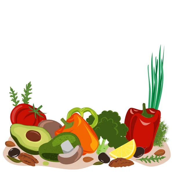 Fasting meniru makanan diet, produk Vektor FMD ilustrasi. Sayuran, jamur, zaitun, dan kacang. - Stok Vektor